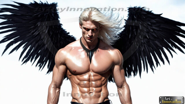 A Dark Angel with huge vibrate feathered wings, enormous and shimmering. Here is a raw, untamed energy that emanates from him. His presence is electrifying, drawing viewers in with his captivating gaze and formidable presence.