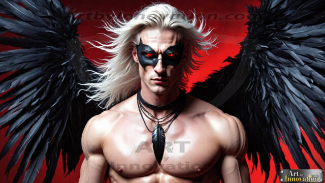 A Dark Angel with huge vibrate feathered wings, enormous and shimmering. Here is a raw, untamed energy that emanates from him. His presence is electrifying, drawing viewers in with his captivating gaze and formidable presence.