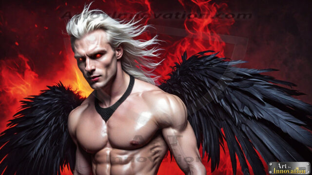 A Dark Angel with huge vibrate feathered wings, enormous and shimmering. Here is a raw, untamed energy that emanates from him. His presence is electrifying, drawing viewers in with his captivating gaze and formidable presence.