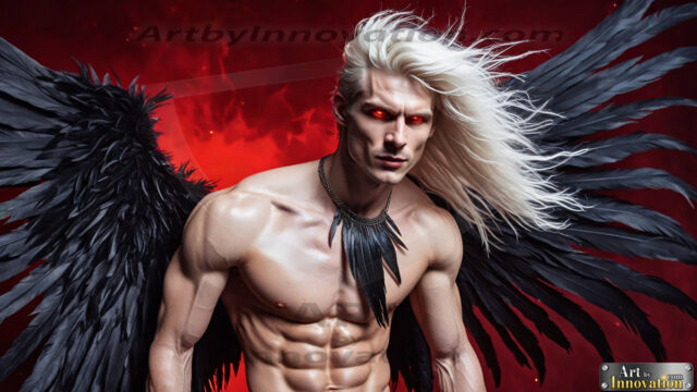 A Dark Angel with huge vibrate feathered wings, enormous and shimmering. Here is a raw, untamed energy that emanates from him. His presence is electrifying, drawing viewers in with his captivating gaze and formidable presence.