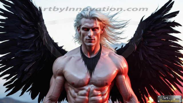 A Dark Angel with huge vibrate feathered wings, enormous and shimmering. Here is a raw, untamed energy that emanates from him. His presence is electrifying, drawing viewers in with his captivating gaze and formidable presence.