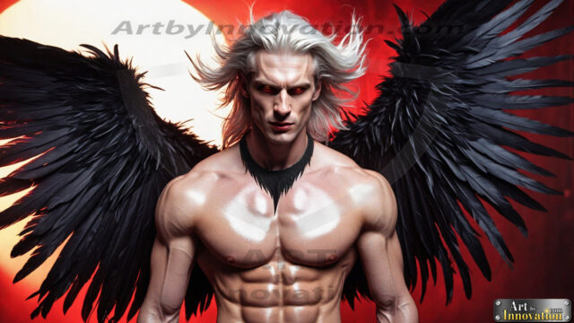 A Dark Angel with huge vibrate feathered wings, enormous and shimmering. Here is a raw, untamed energy that emanates from him. His presence is electrifying, drawing viewers in with his captivating gaze and formidable presence.