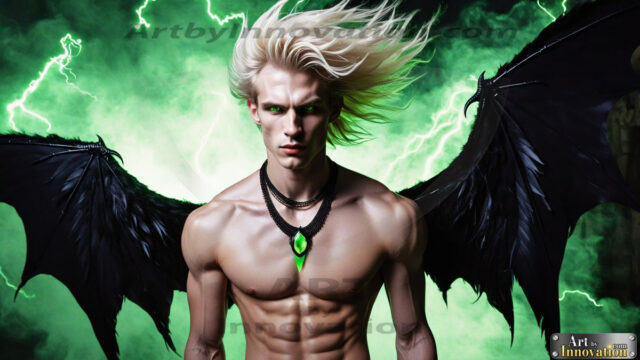 A Dark Angel with huge vibrate feathered wings, enormous and shimmering. Here is a raw, untamed energy that emanates from him. His presence is electrifying, drawing viewers in with his captivating gaze and formidable presence.