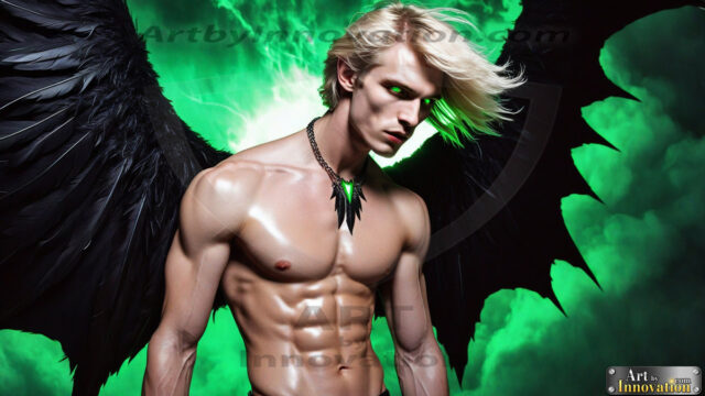A Dark Angel with huge vibrate feathered wings, enormous and shimmering. Here is a raw, untamed energy that emanates from him. His presence is electrifying, drawing viewers in with his captivating gaze and formidable presence.