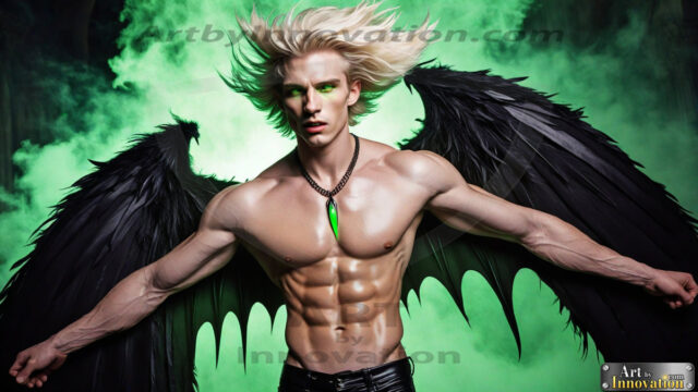 A Dark Angel with huge vibrate feathered wings, enormous and shimmering. Here is a raw, untamed energy that emanates from him. His presence is electrifying, drawing viewers in with his captivating gaze and formidable presence.