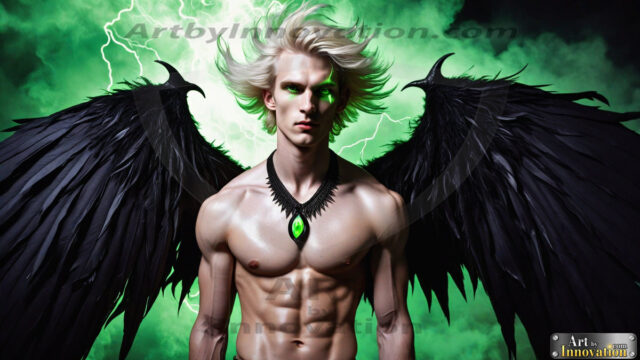 A Dark Angel with huge vibrate feathered wings, enormous and shimmering. Here is a raw, untamed energy that emanates from him. His presence is electrifying, drawing viewers in with his captivating gaze and formidable presence.