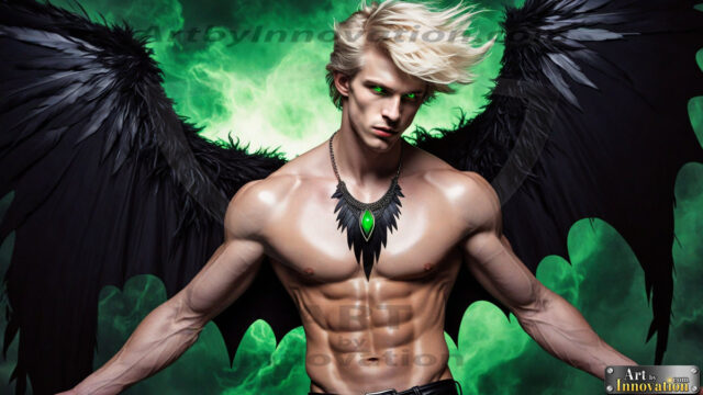 A Dark Angel with huge vibrate feathered wings, enormous and shimmering. Here is a raw, untamed energy that emanates from him. His presence is electrifying, drawing viewers in with his captivating gaze and formidable presence.