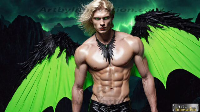 A Dark Angel with huge vibrate feathered wings, enormous and shimmering. Here is a raw, untamed energy that emanates from him. His presence is electrifying, drawing viewers in with his captivating gaze and formidable presence.