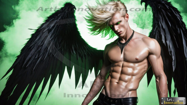 A Dark Angel with huge vibrate feathered wings, enormous and shimmering. Here is a raw, untamed energy that emanates from him. His presence is electrifying, drawing viewers in with his captivating gaze and formidable presence.