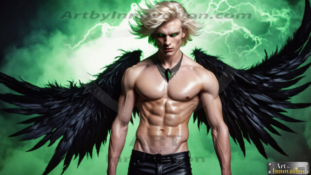 A Dark Angel with huge vibrate feathered wings, enormous and shimmering. Here is a raw, untamed energy that emanates from him. His presence is electrifying, drawing viewers in with his captivating gaze and formidable presence.