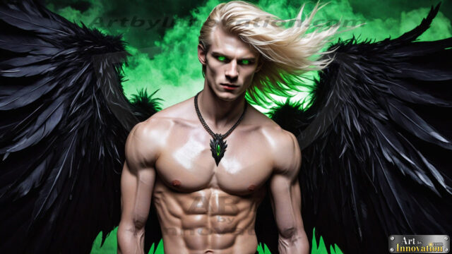 A Dark Angel with huge vibrate feathered wings, enormous and shimmering. Here is a raw, untamed energy that emanates from him. His presence is electrifying, drawing viewers in with his captivating gaze and formidable presence.