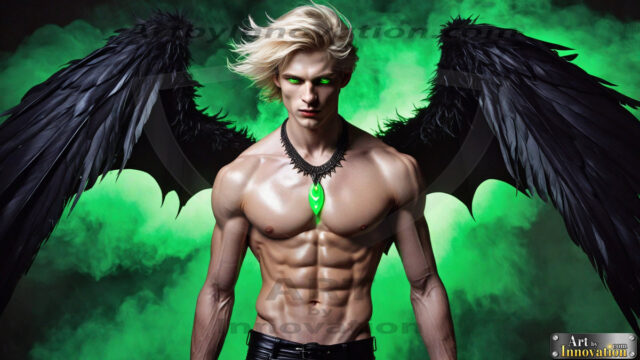 A Dark Angel with huge vibrate feathered wings, enormous and shimmering. Here is a raw, untamed energy that emanates from him. His presence is electrifying, drawing viewers in with his captivating gaze and formidable presence.