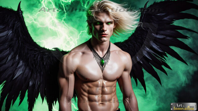 A Dark Angel with huge vibrate feathered wings, enormous and shimmering. Here is a raw, untamed energy that emanates from him. His presence is electrifying, drawing viewers in with his captivating gaze and formidable presence.