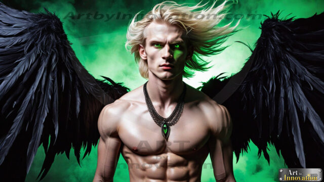 A Dark Angel with huge vibrate feathered wings, enormous and shimmering. Here is a raw, untamed energy that emanates from him. His presence is electrifying, drawing viewers in with his captivating gaze and formidable presence.