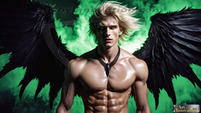 A Dark Angel with huge vibrate feathered wings, enormous and shimmering. Here is a raw, untamed energy that emanates from him. His presence is electrifying, drawing viewers in with his captivating gaze and formidable presence.