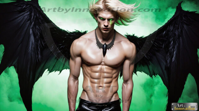 A Dark Angel with huge vibrate feathered wings, enormous and shimmering. Here is a raw, untamed energy that emanates from him. His presence is electrifying, drawing viewers in with his captivating gaze and formidable presence.