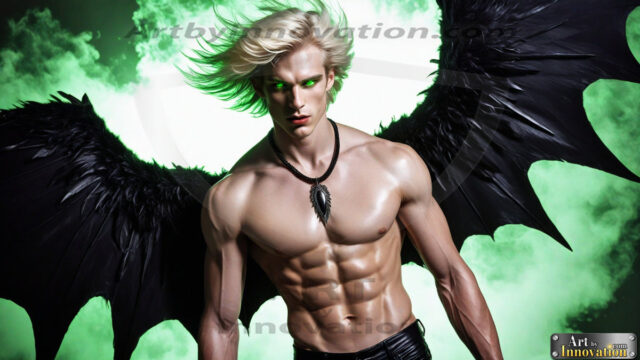 A Dark Angel with huge vibrate feathered wings, enormous and shimmering. Here is a raw, untamed energy that emanates from him. His presence is electrifying, drawing viewers in with his captivating gaze and formidable presence.