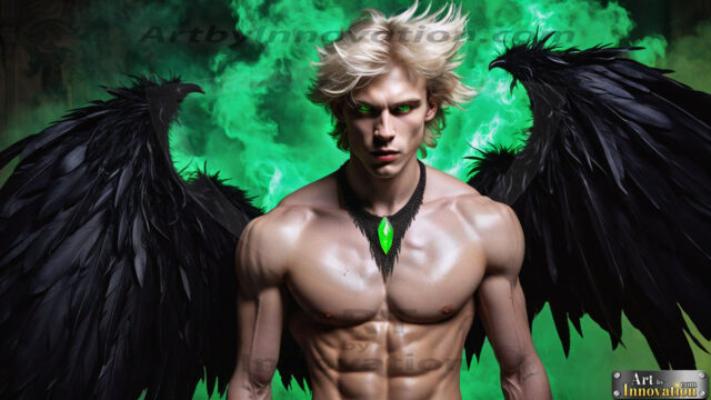 A Dark Angel with huge vibrate feathered wings, enormous and shimmering. Here is a raw, untamed energy that emanates from him. His presence is electrifying, drawing viewers in with his captivating gaze and formidable presence.