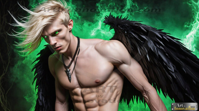 A Dark Angel with huge vibrate feathered wings, enormous and shimmering. Here is a raw, untamed energy that emanates from him. His presence is electrifying, drawing viewers in with his captivating gaze and formidable presence.