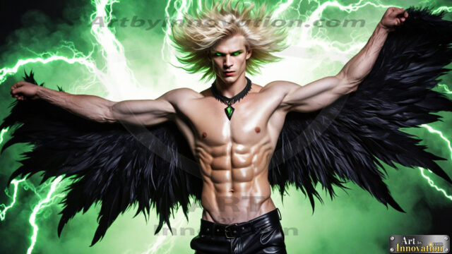 A Dark Angel with huge vibrate feathered wings, enormous and shimmering. Here is a raw, untamed energy that emanates from him. His presence is electrifying, drawing viewers in with his captivating gaze and formidable presence.