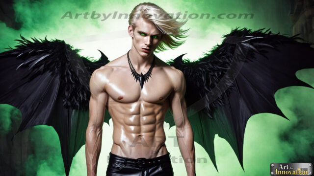 A Dark Angel with huge vibrate feathered wings, enormous and shimmering. Here is a raw, untamed energy that emanates from him. His presence is electrifying, drawing viewers in with his captivating gaze and formidable presence.