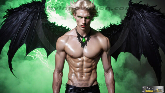 A Dark Angel with huge vibrate feathered wings, enormous and shimmering. Here is a raw, untamed energy that emanates from him. His presence is electrifying, drawing viewers in with his captivating gaze and formidable presence.