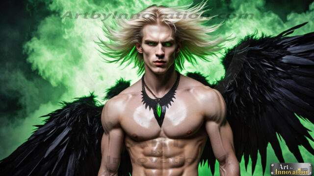 A Dark Angel with huge vibrate feathered wings, enormous and shimmering. Here is a raw, untamed energy that emanates from him. His presence is electrifying, drawing viewers in with his captivating gaze and formidable presence.