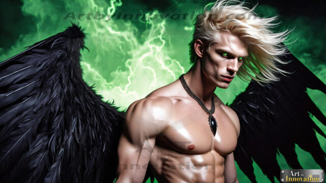 A Dark Angel with huge vibrate feathered wings, enormous and shimmering. Here is a raw, untamed energy that emanates from him. His presence is electrifying, drawing viewers in with his captivating gaze and formidable presence.