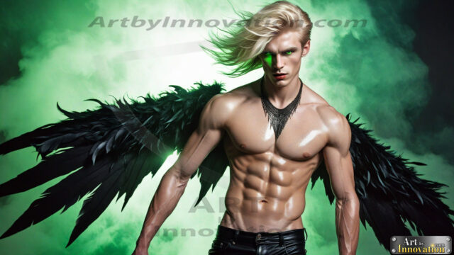 A Dark Angel with huge vibrate feathered wings, enormous and shimmering. Here is a raw, untamed energy that emanates from him. His presence is electrifying, drawing viewers in with his captivating gaze and formidable presence.