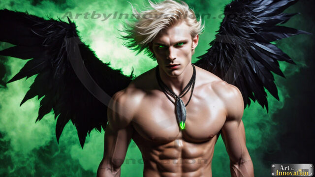 A Dark Angel with huge vibrate feathered wings, enormous and shimmering. Here is a raw, untamed energy that emanates from him. His presence is electrifying, drawing viewers in with his captivating gaze and formidable presence.