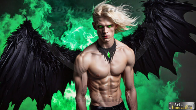 A Dark Angel with huge vibrate feathered wings, enormous and shimmering. Here is a raw, untamed energy that emanates from him. His presence is electrifying, drawing viewers in with his captivating gaze and formidable presence.