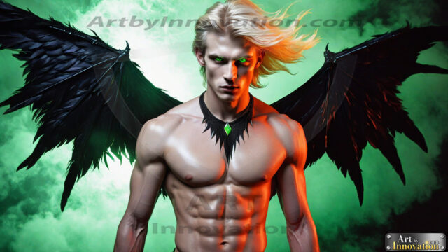A Dark Angel with huge vibrate feathered wings, enormous and shimmering. Here is a raw, untamed energy that emanates from him. His presence is electrifying, drawing viewers in with his captivating gaze and formidable presence.