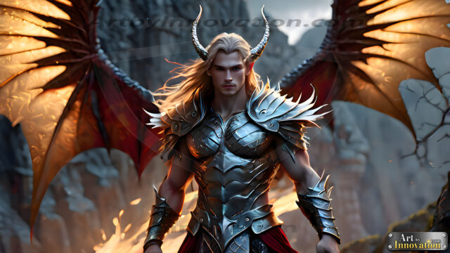 A Dark Angel with huge vibrate feathered wings, enormous and shimmering. Here is a raw, untamed energy that emanates from him. His presence is electrifying, drawing viewers in with his captivating gaze and formidable presence.