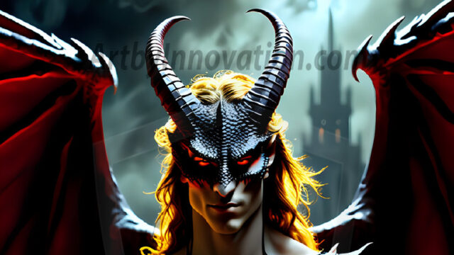 A Dark Angel with huge vibrate feathered wings, enormous and shimmering. Here is a raw, untamed energy that emanates from him. His presence is electrifying, drawing viewers in with his captivating gaze and formidable presence.