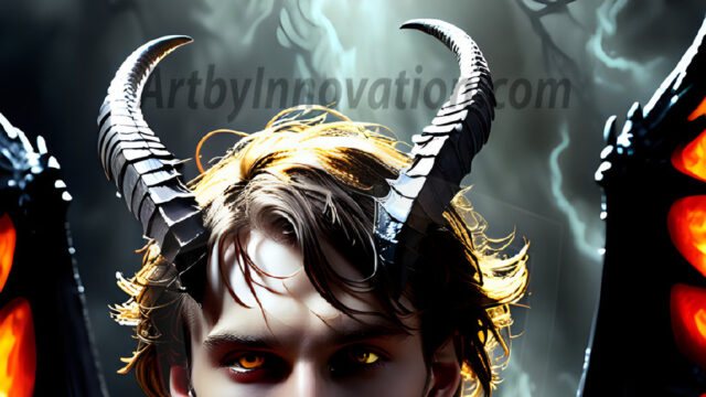 A Dark Angel with huge vibrate feathered wings, enormous and shimmering. Here is a raw, untamed energy that emanates from him. His presence is electrifying, drawing viewers in with his captivating gaze and formidable presence.