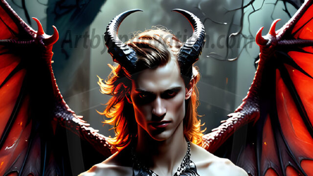 A Dark Angel with huge vibrate feathered wings, enormous and shimmering. Here is a raw, untamed energy that emanates from him. His presence is electrifying, drawing viewers in with his captivating gaze and formidable presence.