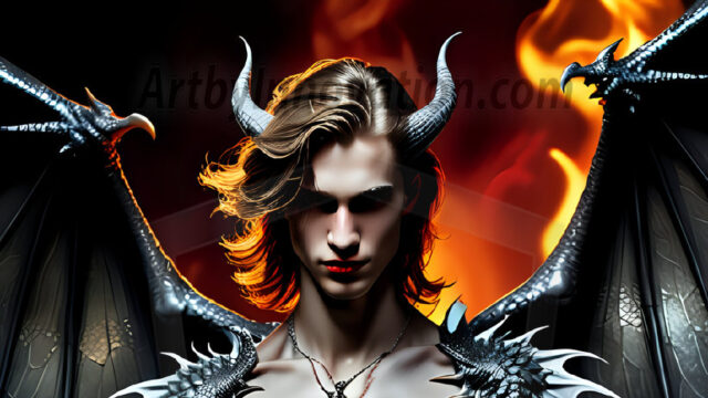 A Dark Angel with huge vibrate feathered wings, enormous and shimmering. Here is a raw, untamed energy that emanates from him. His presence is electrifying, drawing viewers in with his captivating gaze and formidable presence.