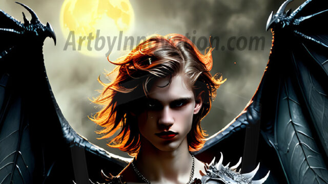 A Dark Angel with huge vibrate feathered wings, enormous and shimmering. Here is a raw, untamed energy that emanates from him. His presence is electrifying, drawing viewers in with his captivating gaze and formidable presence.