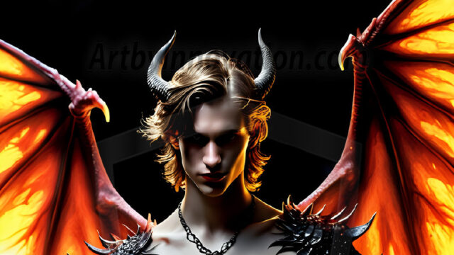 A Dark Angel with huge vibrate feathered wings, enormous and shimmering. Here is a raw, untamed energy that emanates from him. His presence is electrifying, drawing viewers in with his captivating gaze and formidable presence.