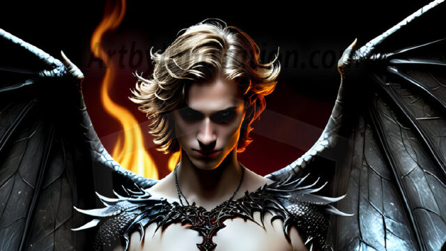 A Dark Angel with huge vibrate feathered wings, enormous and shimmering. Here is a raw, untamed energy that emanates from him. His presence is electrifying, drawing viewers in with his captivating gaze and formidable presence.