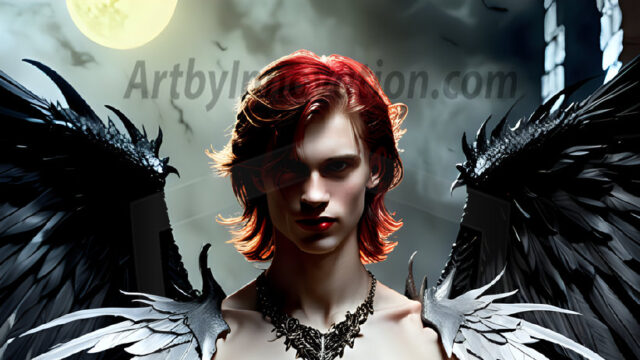 A Dark Angel with huge vibrate feathered wings, enormous and shimmering. Here is a raw, untamed energy that emanates from him. His presence is electrifying, drawing viewers in with his captivating gaze and formidable presence.