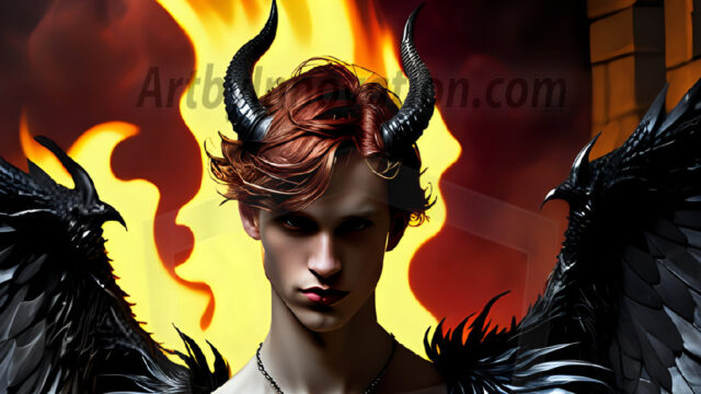 A Dark Angel with huge vibrate feathered wings, enormous and shimmering. Here is a raw, untamed energy that emanates from him. His presence is electrifying, drawing viewers in with his captivating gaze and formidable presence.