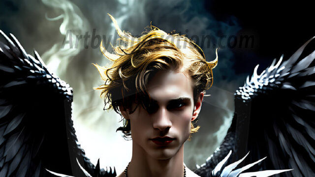 A Dark Angel with huge vibrate feathered wings, enormous and shimmering. Here is a raw, untamed energy that emanates from him. His presence is electrifying, drawing viewers in with his captivating gaze and formidable presence.