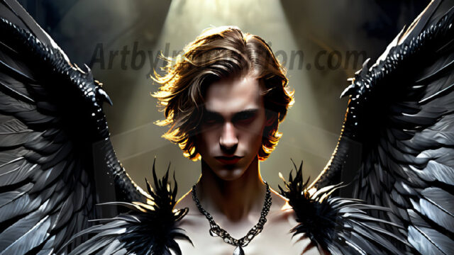 A Dark Angel with huge vibrate feathered wings, enormous and shimmering. Here is a raw, untamed energy that emanates from him. His presence is electrifying, drawing viewers in with his captivating gaze and formidable presence.