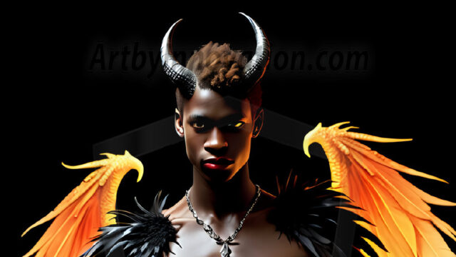 A Dark Angel with huge vibrate feathered wings, enormous and shimmering. Here is a raw, untamed energy that emanates from him. His presence is electrifying, drawing viewers in with his captivating gaze and formidable presence.