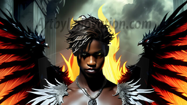 A Dark Angel with huge vibrate feathered wings, enormous and shimmering. Here is a raw, untamed energy that emanates from him. His presence is electrifying, drawing viewers in with his captivating gaze and formidable presence.