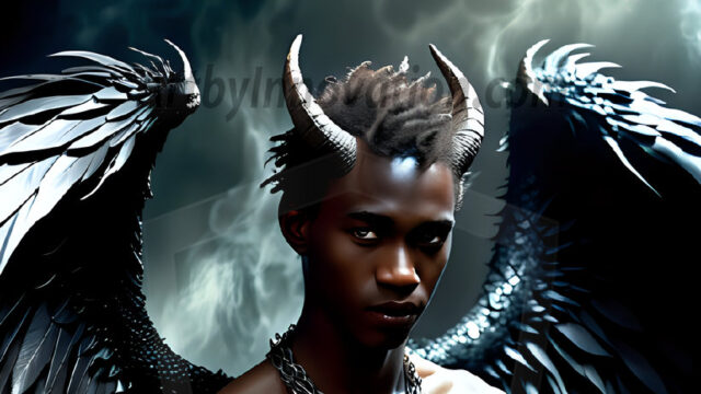 A Dark Angel with huge vibrate feathered wings, enormous and shimmering. Here is a raw, untamed energy that emanates from him. His presence is electrifying, drawing viewers in with his captivating gaze and formidable presence.