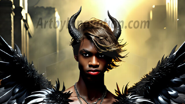 A Dark Angel with huge vibrate feathered wings, enormous and shimmering. Here is a raw, untamed energy that emanates from him. His presence is electrifying, drawing viewers in with his captivating gaze and formidable presence.