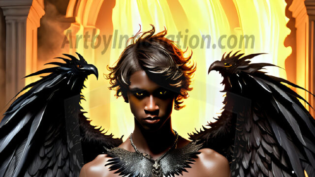 A Dark Angel with huge vibrate feathered wings, enormous and shimmering. Here is a raw, untamed energy that emanates from him. His presence is electrifying, drawing viewers in with his captivating gaze and formidable presence.