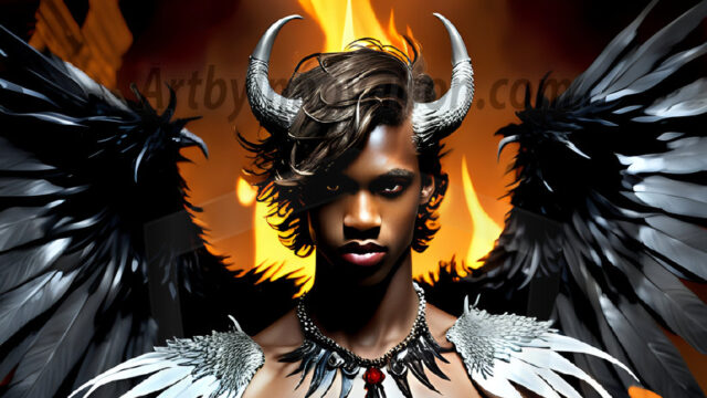 A Dark Angel with huge vibrate feathered wings, enormous and shimmering. Here is a raw, untamed energy that emanates from him. His presence is electrifying, drawing viewers in with his captivating gaze and formidable presence.